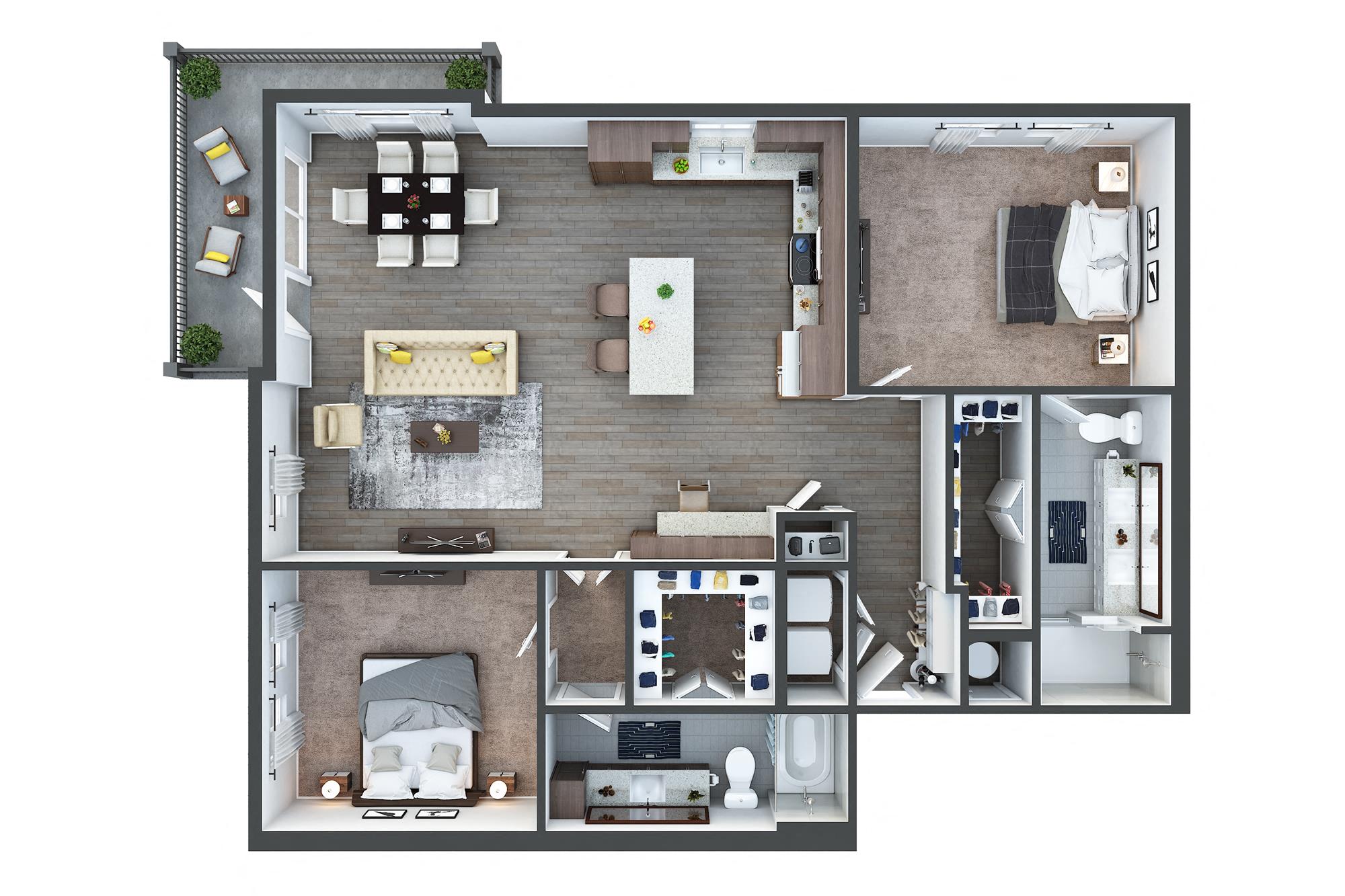Floor plan for 2 beds, 2 baths, 1371 sqft